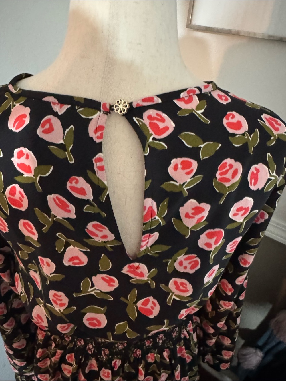 Kate Spade ♠️ Black Floral Long-Sleeve Smocked Waist Midi Dress - Picture 5 of 7